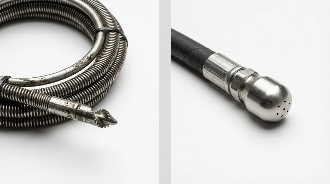 Drain snake cable and hydro jetting nozzle used for drain cleaning in Pelham, NY