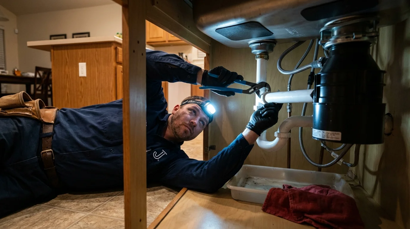 P-trap and supply line connections under a kitchen sink showing a common leak point in Pelham, NY